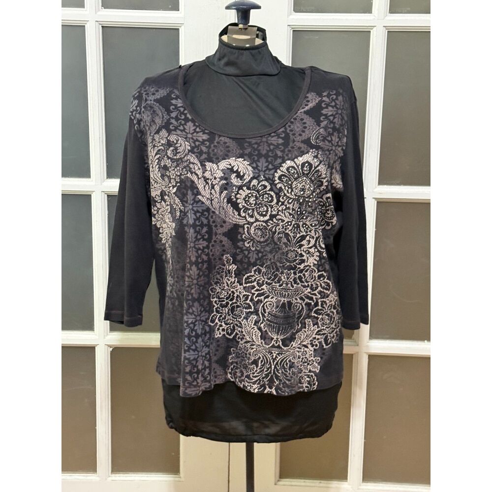 Dressbarn Women 2X Vintage Y2K Mesh Overlay Top Black Silver Damask Whimsigoth